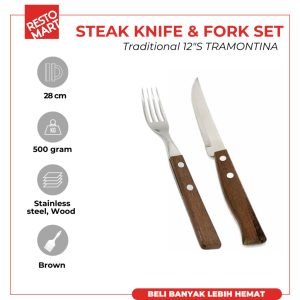 Garpu & Pisau Makan Steak Handle Kayu / Steak Knife & Fork Set 6 Pasang TRAMONTINA Wood Handle (2116050) (F11)
