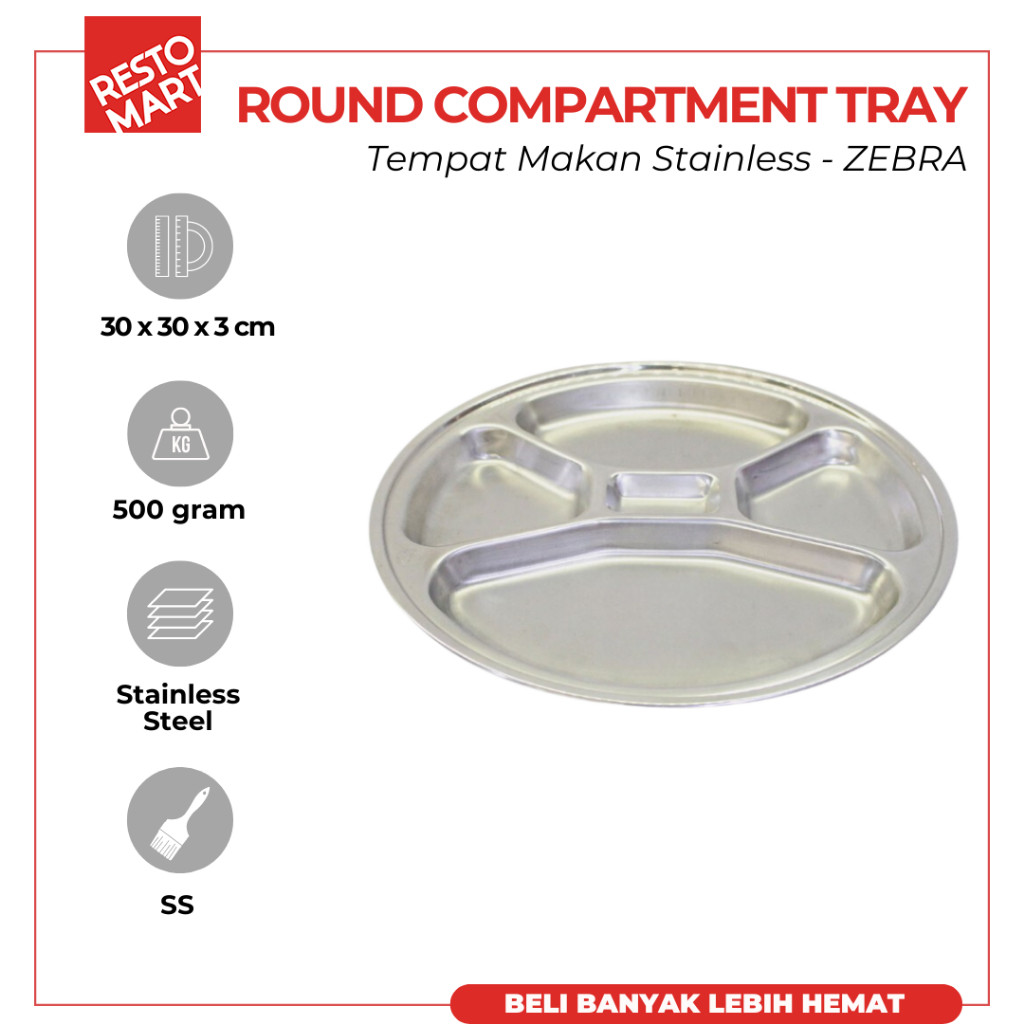 Round Compartment Tray 30 cm / Tempat Makan ZEBRA Stainless Steel (0817067) (F0)