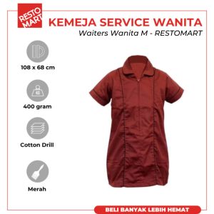 Seragam Chef / Baju Chef / Kemeja Service Wanita (Merah) Ukuran M RESTOMART Katun Berkualitas (1394227)